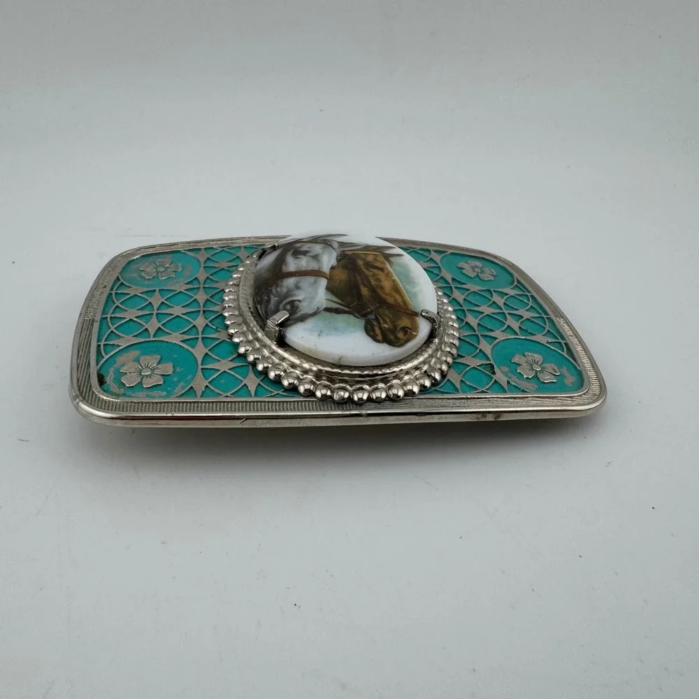 Belt Buckle Teal Western Equestrian Horse Cameo Enamel Floral